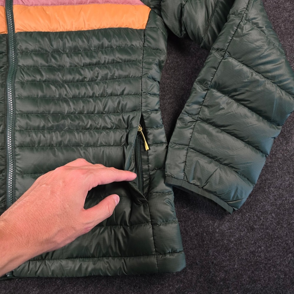 Cotopaxi Green Fuego Down Hooded Jacket Cargo Stripes 800 FP Colorblock Womens S - Picture 12 of 16